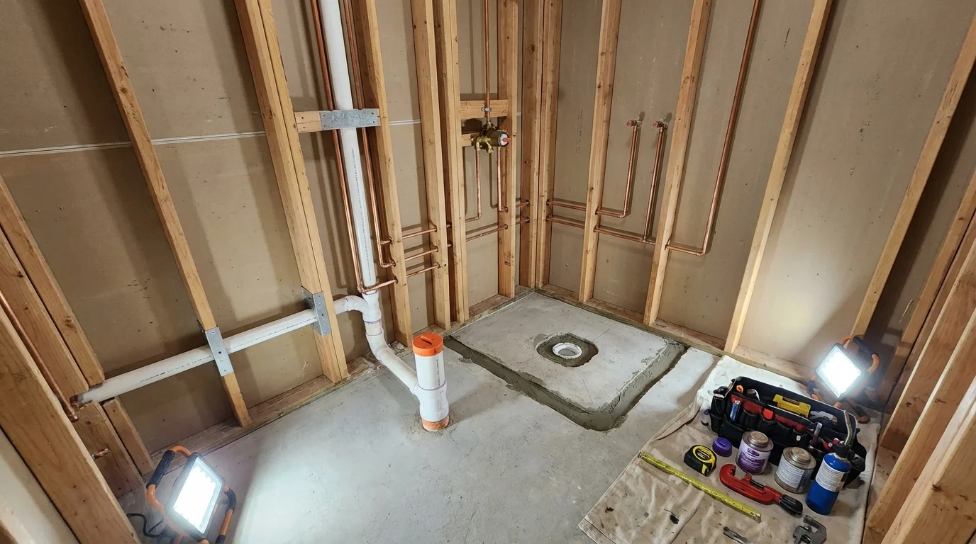 Bathroom rough-in plumbing during remodel by Johns Plumbing LLC in Smethport