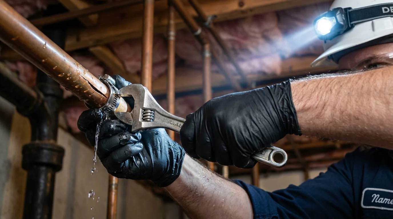 Emergency pipe clamp repair being performed by a Johns Plumbing LLC plumber in Smethport