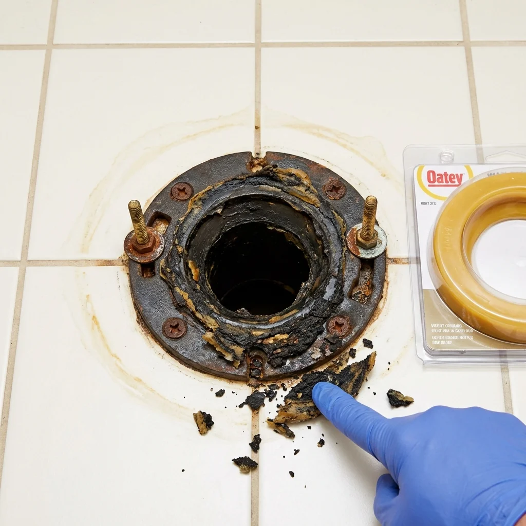Failed wax ring showing water seepage at the base of a toilet in a Smethport, PA home