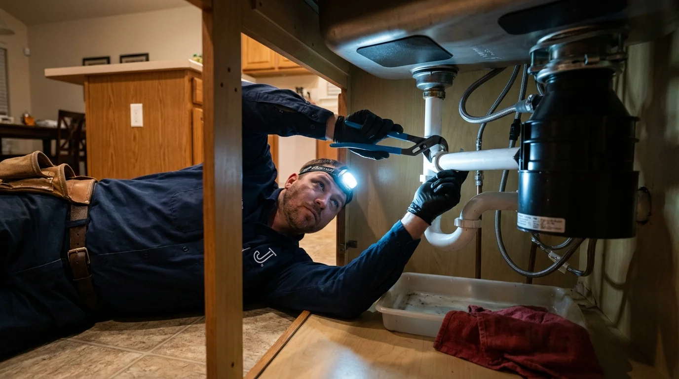 P-trap and supply line connections under a kitchen sink showing a common leak point in Smethport, PA
